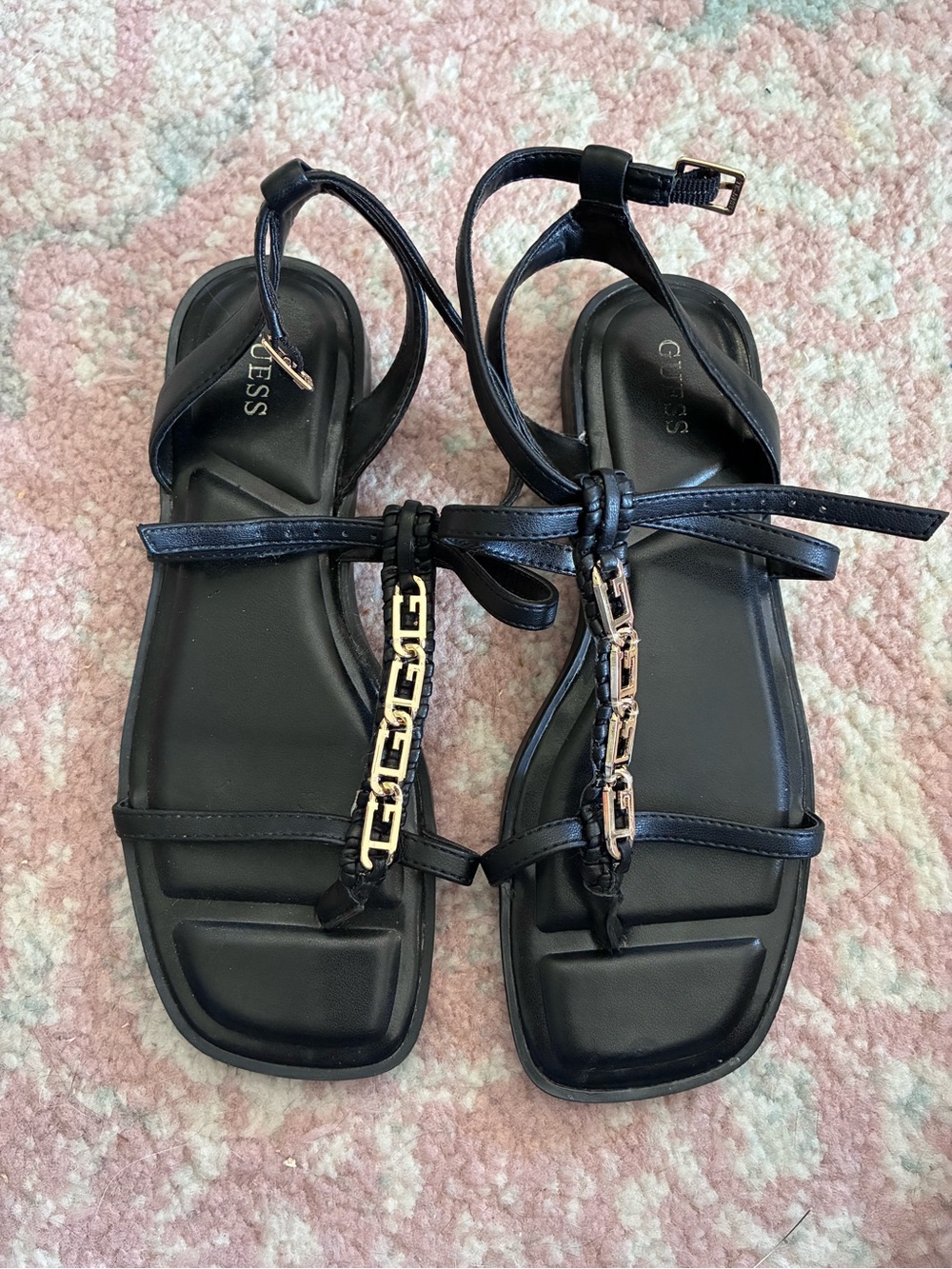 GUESS Black T-Strap Sandals with Gold Chain Detail